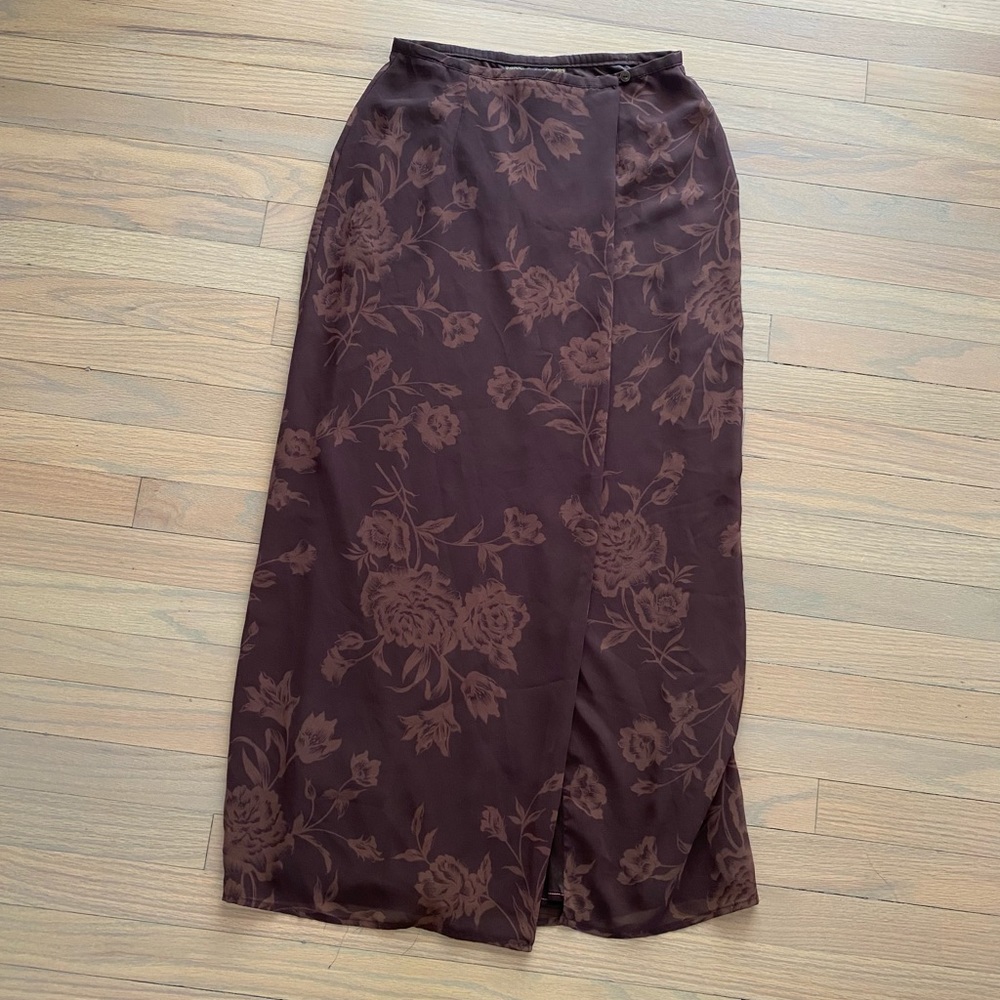 Vintage Express Brown Floral 90s Slit Maxi Skirt.